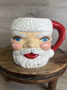 VTG Handpainted 1950s Ceramic Santa Claus Face Mug Blue Eyes Kitschy